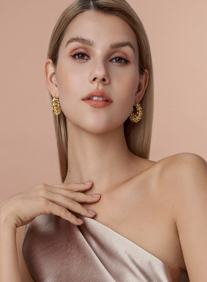 SNGIA 18K Gold Plated Chunky Curve Twisted Open Hoop Statement Stud Earrings with CZ for Women by SNGIA, Large Handmade Spiral Texture Braided Formal Trendy Hoop Jewelry Gifts, Big Circle Geometric Shell Beachy Vacation Fashion Hanging Earrings Accessories, Vintage Retro Thick Bohemian Nickle Free Circular Sun Dangle Earrings. - Image 2